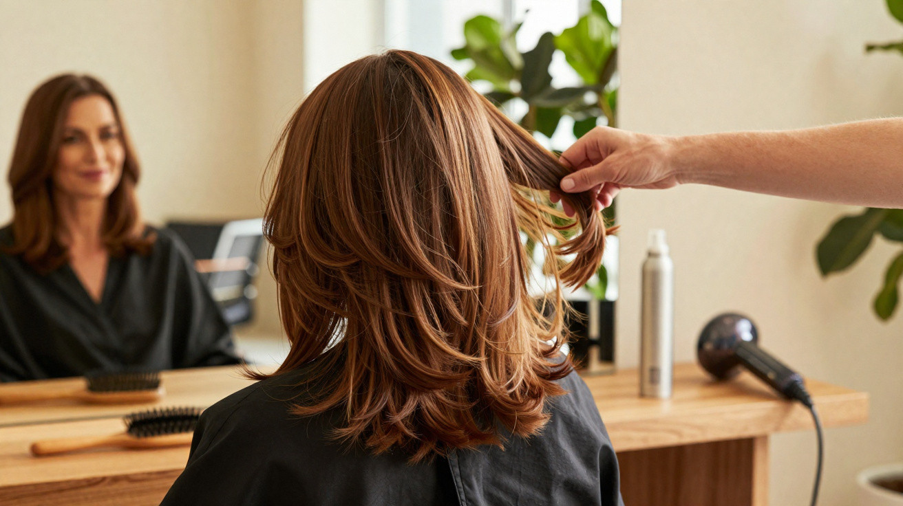 Mulher sentada numa cadeira de cabeleireiro a ver o cabelo sendo avaliado por um profissional.