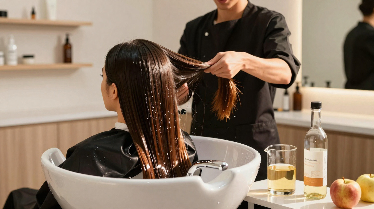 Cliente com cabelo molhado num lavatório de cabeleireiro enquanto profissional segura o cabelo para o lavar.
