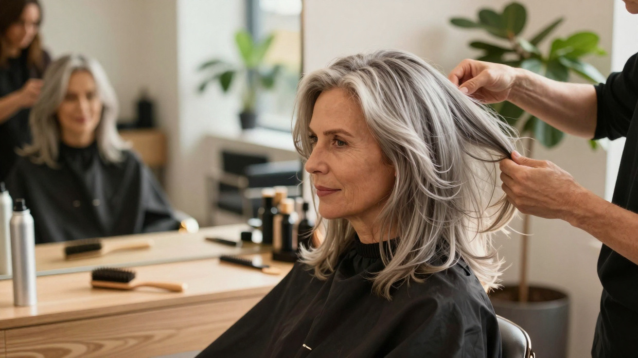 Mulher com cabelo grisalho a ser penteada num salão de cabeleireiro, com espelho e plantas ao fundo.
