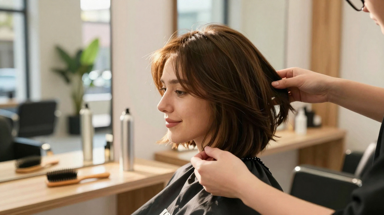 Mulher com cabelo curto castanho a ser arranjado por cabeleireiro num salão de beleza luminoso.
