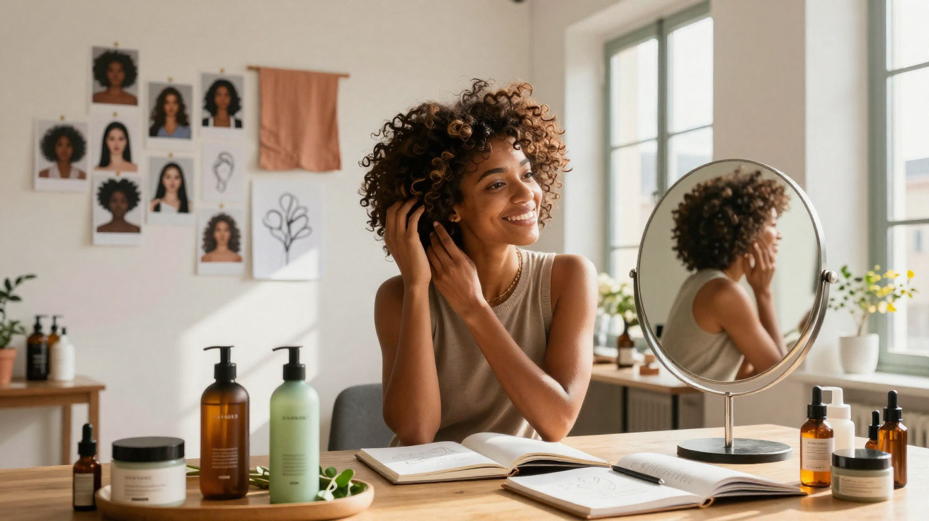 Mulher sorridente arruma o cabelo sentada à mesa com produtos de beleza e caderno aberto à frente.