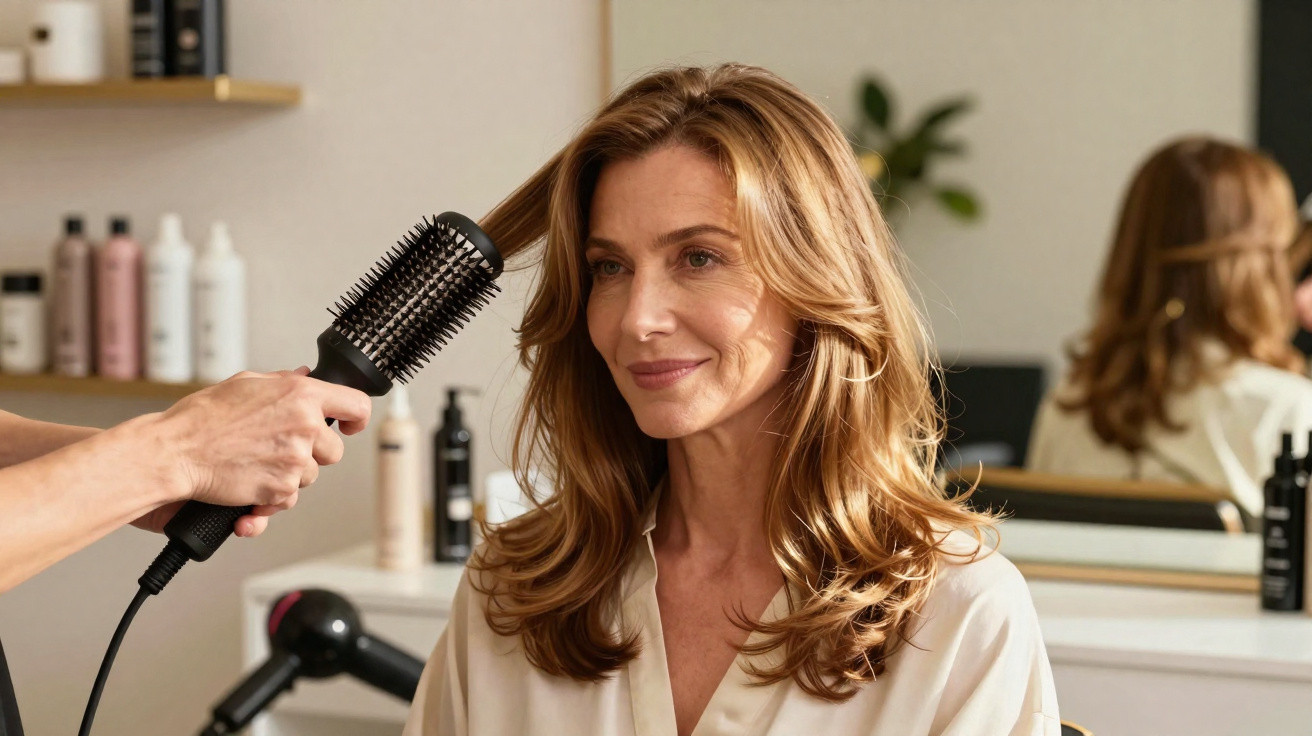 Mulher sorridente a ter o cabelo escovado com uma escova térmica num salão de beleza.