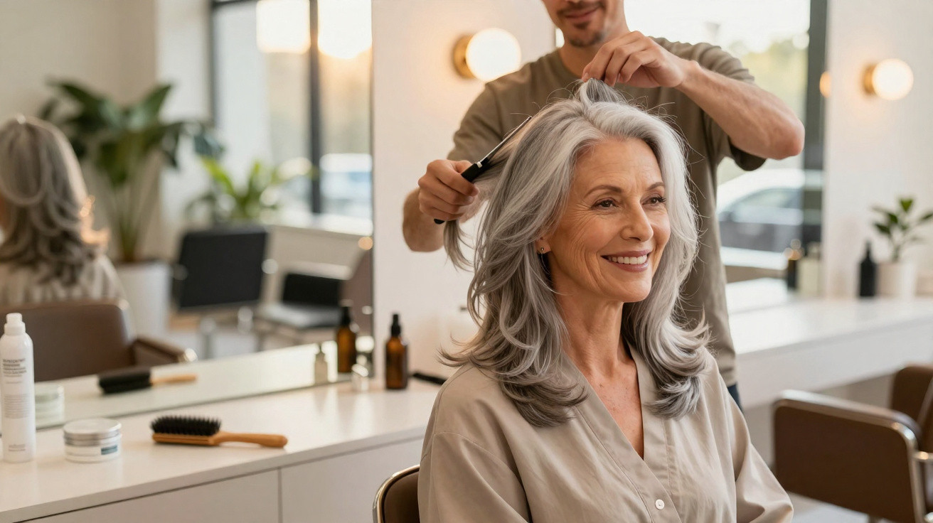 Mulher sorridente com cabelo grisalho a ser penteada num salão de cabeleireiro moderno e iluminado.