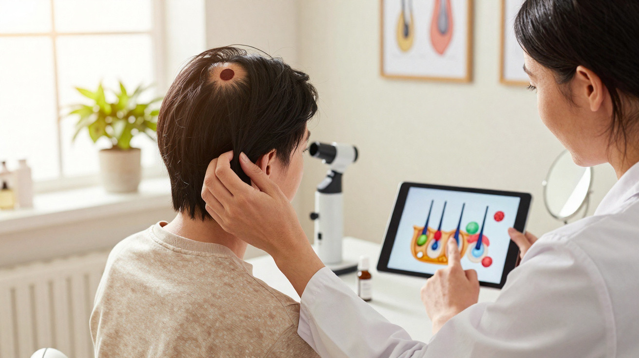 Paciente com calvície consulta dermatologista que mostra ilustração de ciclo de crescimento capilar num tablet.