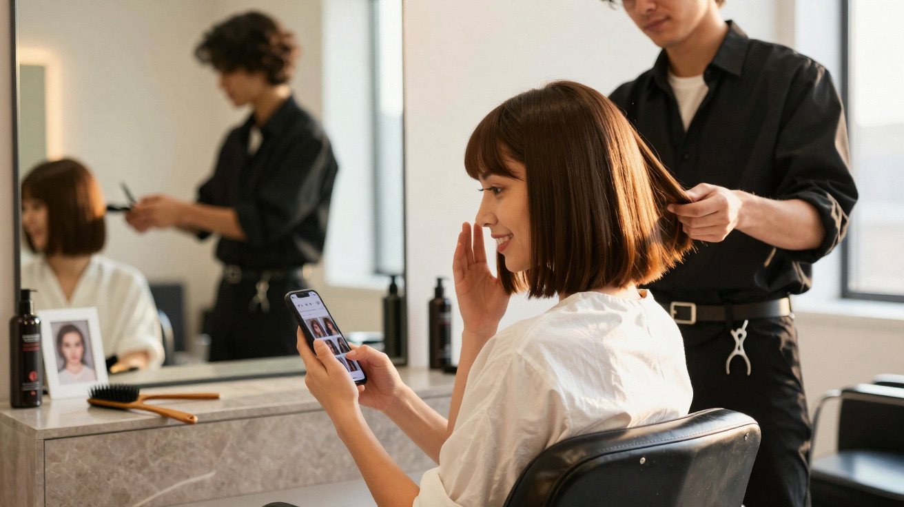 Cliente com cabelo curto no cabeleireiro a usar telemóvel enquanto recebe tratamento capilar.