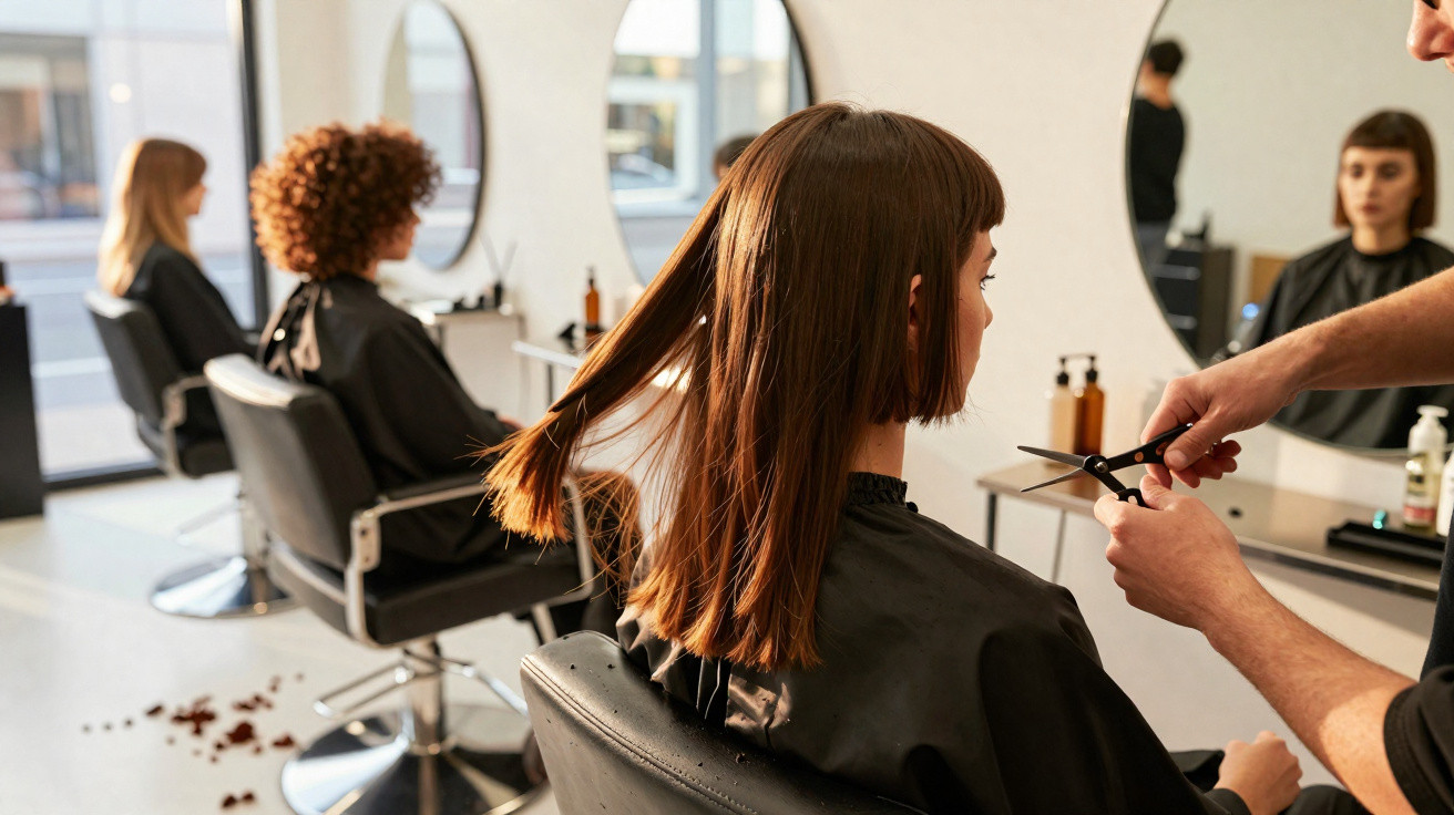 Mulher com cabelo castanho a ser cortado num cabeleireiro moderno com cadeiras pretas e espelhos redondos.