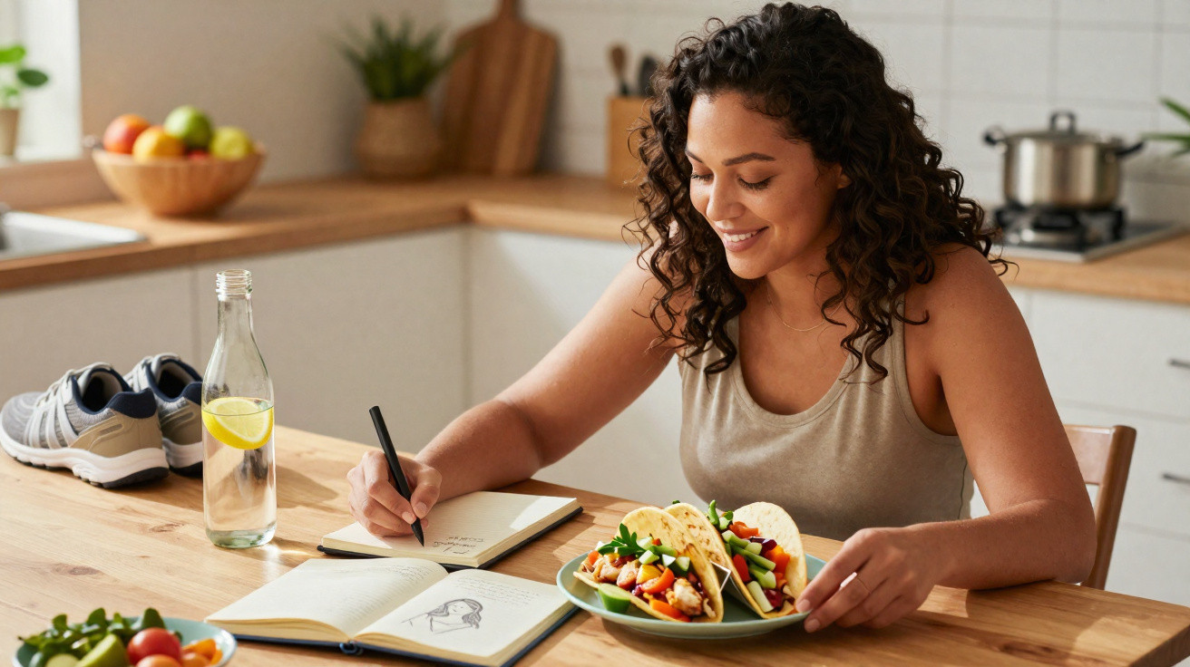 Mulher sorridente escreve num caderno enquanto come tacos coloridos na cozinha moderna.