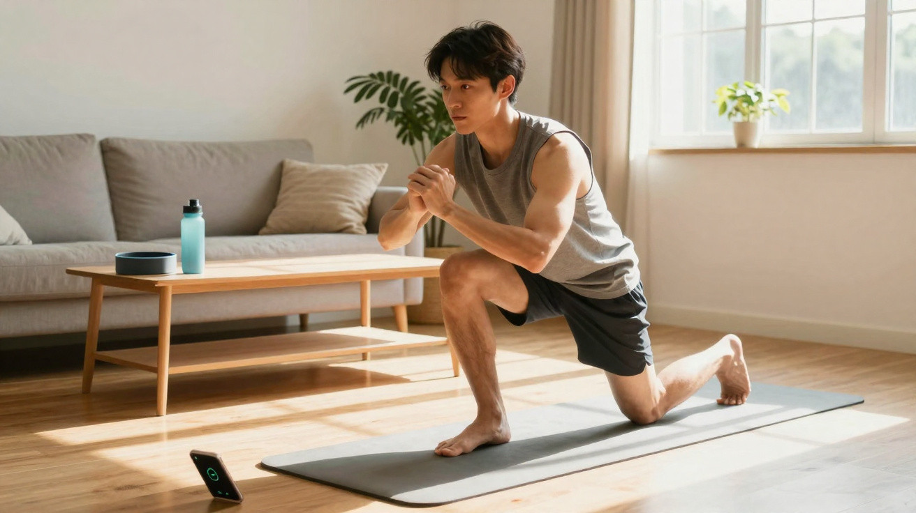 Homem a fazer exercício de alongamento em casa, com roupa desportiva e tapete de yoga.