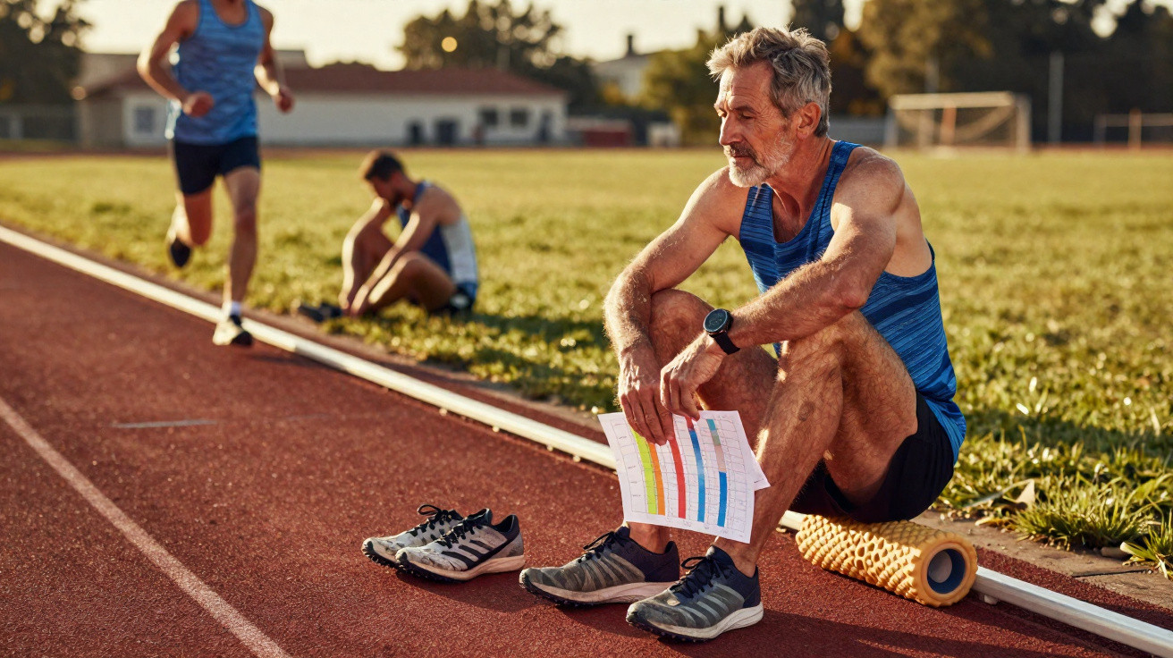 Homem sentado na pista de atletismo com gráfico nas mãos, ao lado de rolo de massagem e ténis.