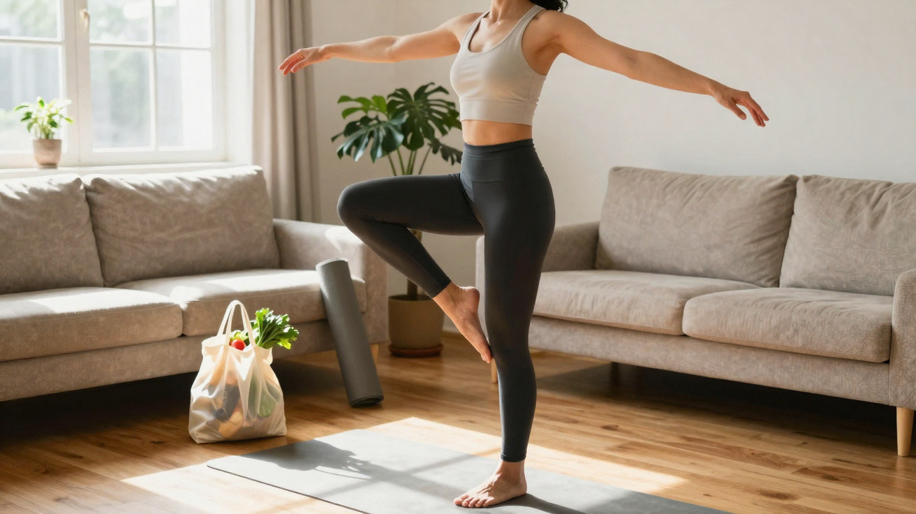 Mulher a praticar yoga em sala de estar com tapete, plantas e sacola com legumes ao lado.