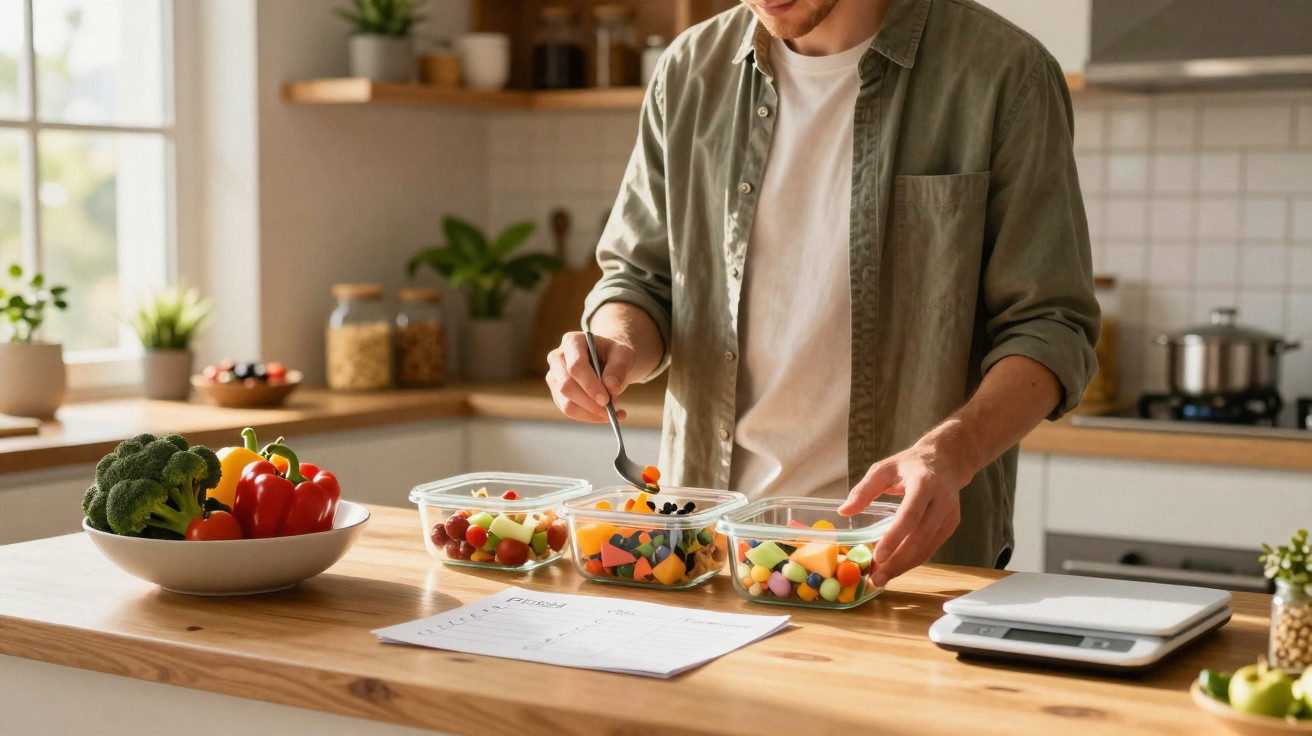 Homem prepara refeições saudáveis em recipientes de vidro numa cozinha moderna, ao lado de uma lista e balança digital.
