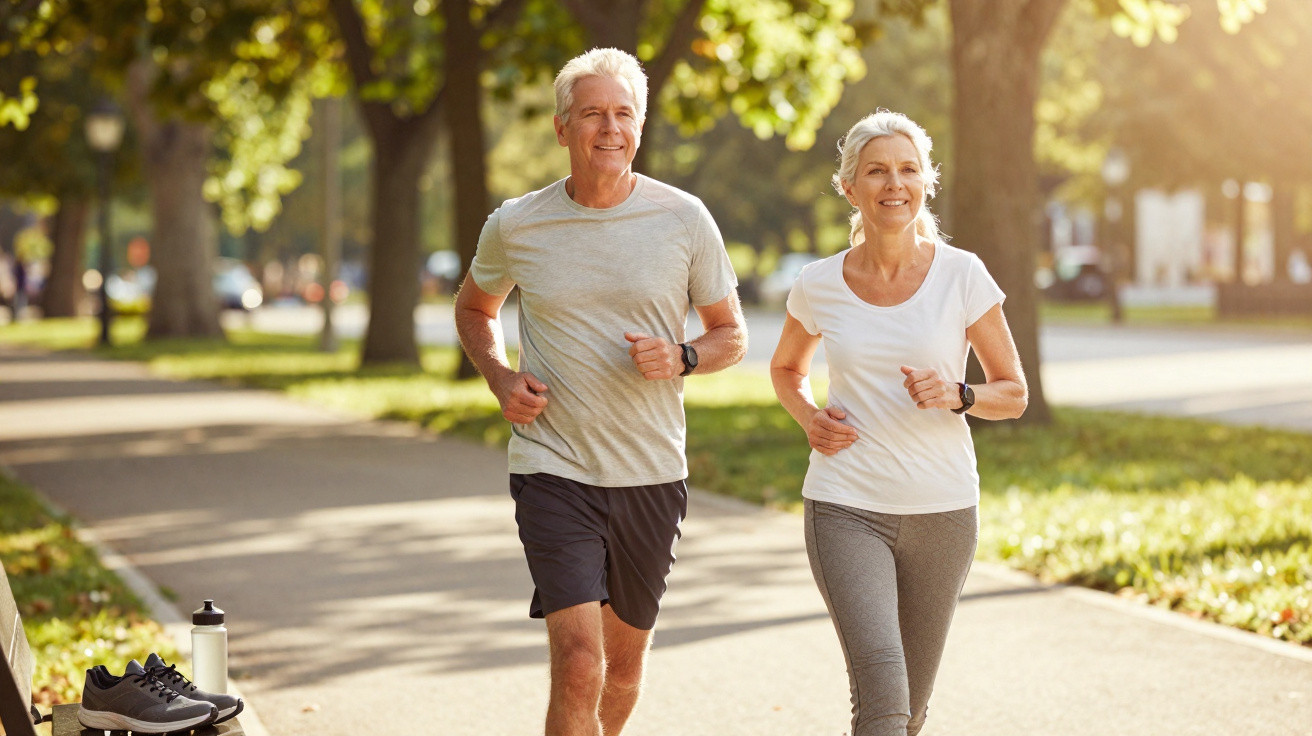 Casal sénior a correr junto num parque com árvores e luz solar ao fundo.
