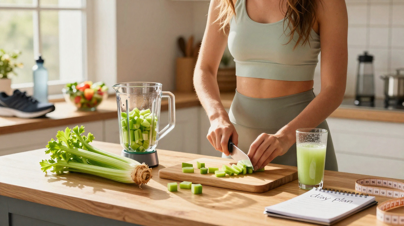 Mulher a cortar aipo numa cozinha moderna com liquidificador, copo de sumo verde e plano diário à vista.