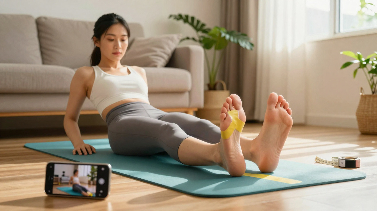 Mulher a fazer exercício com fita adesiva nos pés, seguindo treino online na sala iluminada.