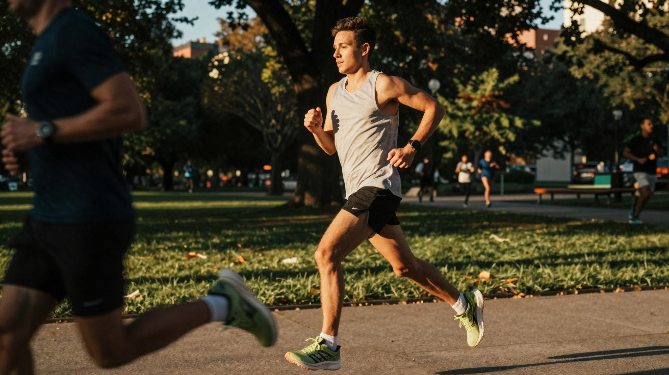 Homem jovem a correr num parque urbano com árvores e outras pessoas ao fundo ao fim da tarde.