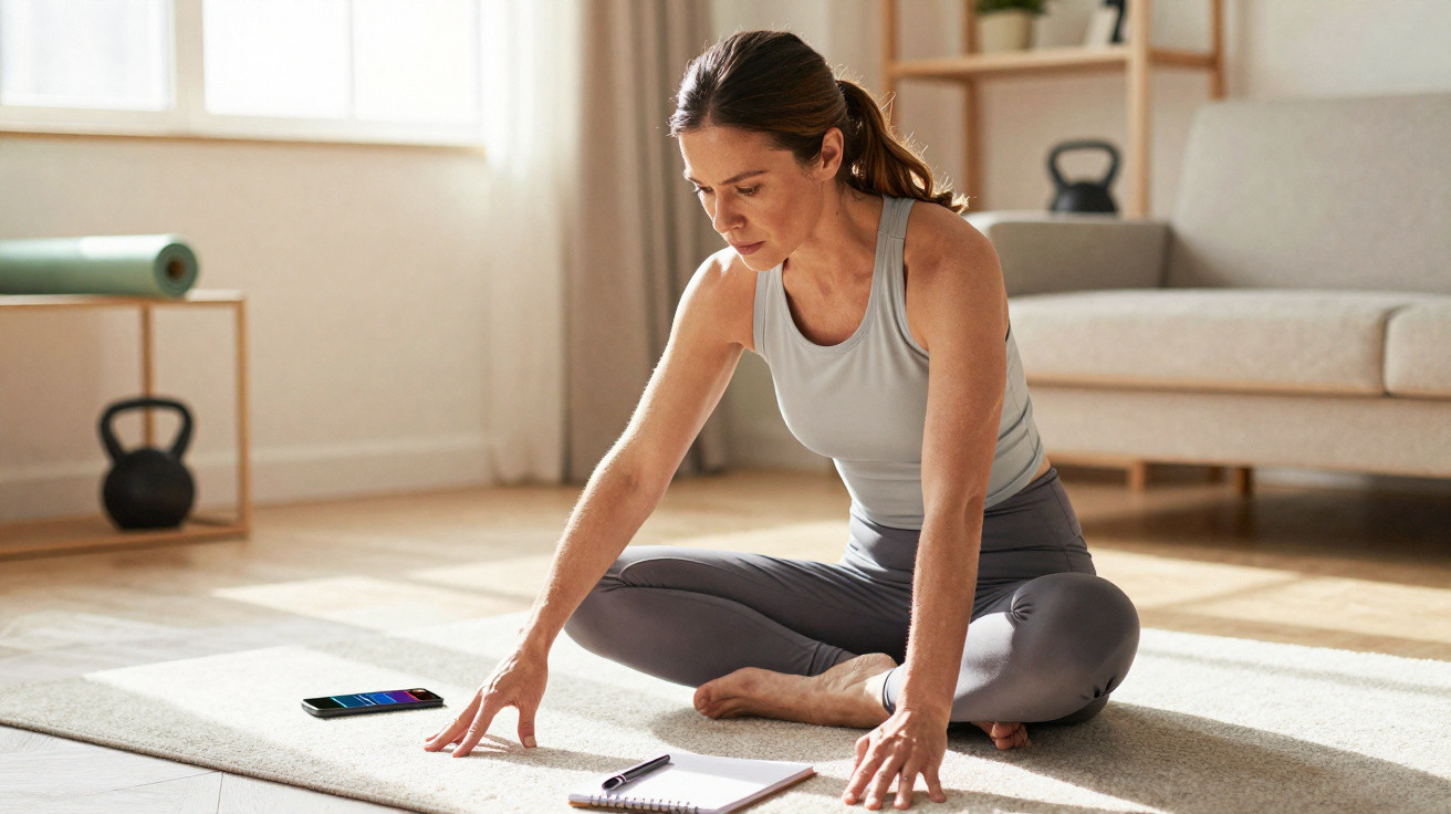 Mulher sentada no chão esticando pernas num tapete de yoga com smartphone e caderno à frente.
