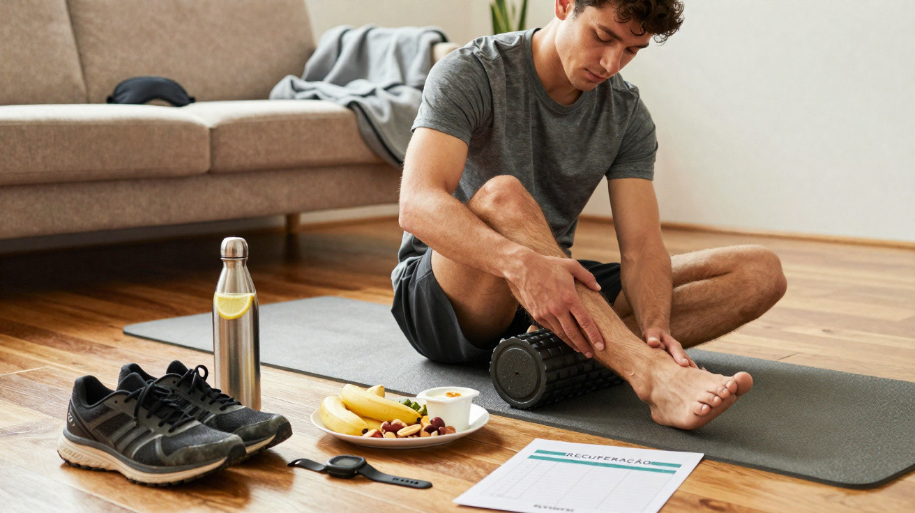 Homem sentado a usar rolo de massagem na perna numa sala com tapete, ténis, relógio, fruta e garrafa de água.