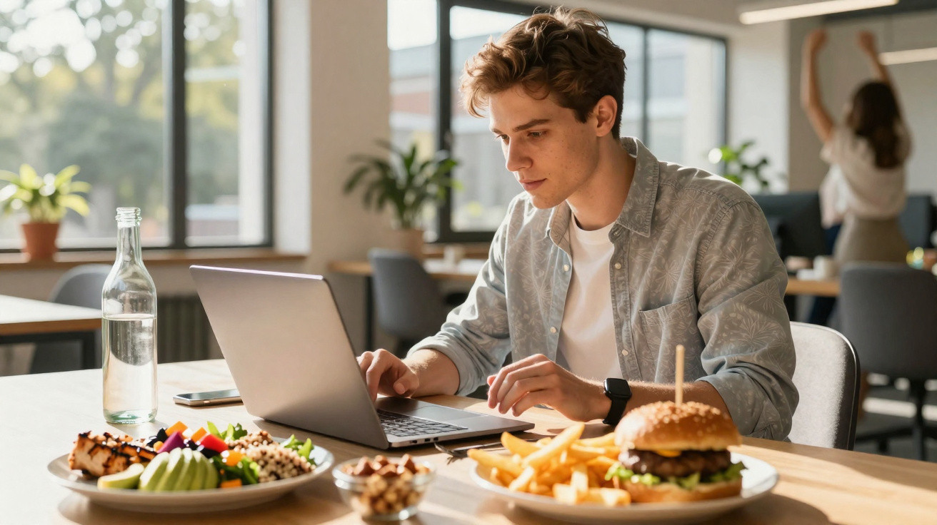 Jovem a trabalhar no portátil numa mesa com hambúrguer, batatas fritas, salada e garrafa de água.