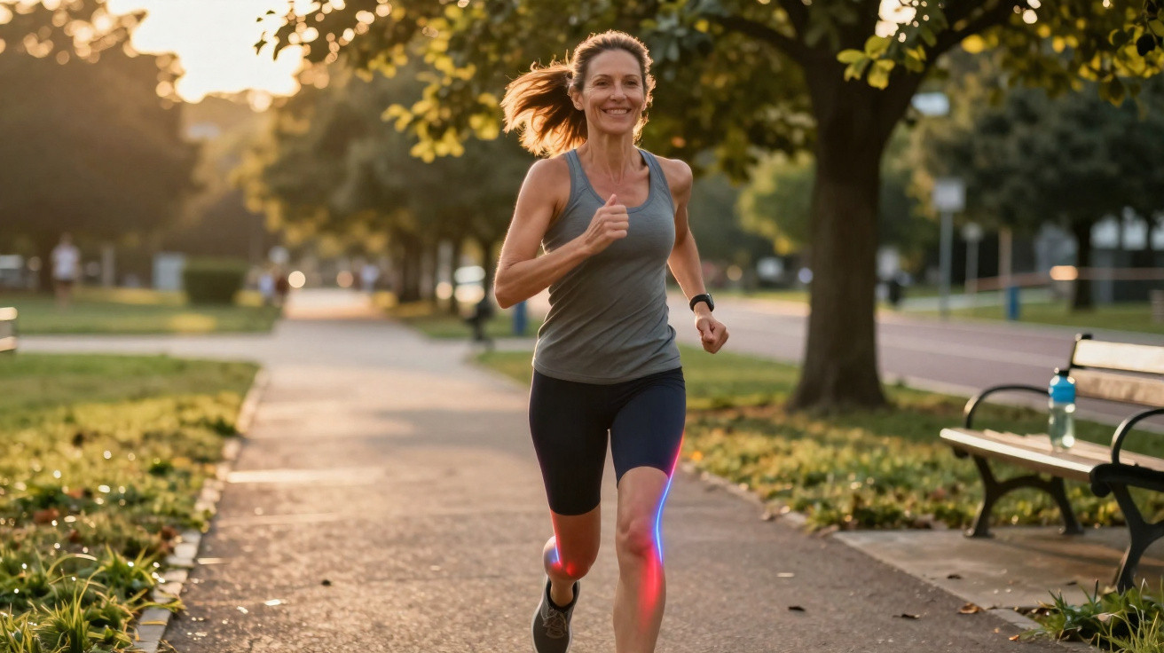 Mulher a correr num parque ao ar livre ao nascer do sol, sorridente e com roupa desportiva.