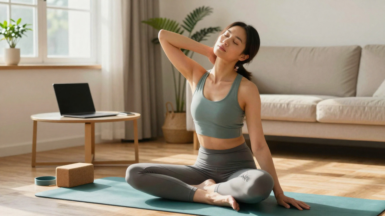 Mulher a fazer alongamentos no tapete de yoga numa sala com sofá, planta e computador portátil.