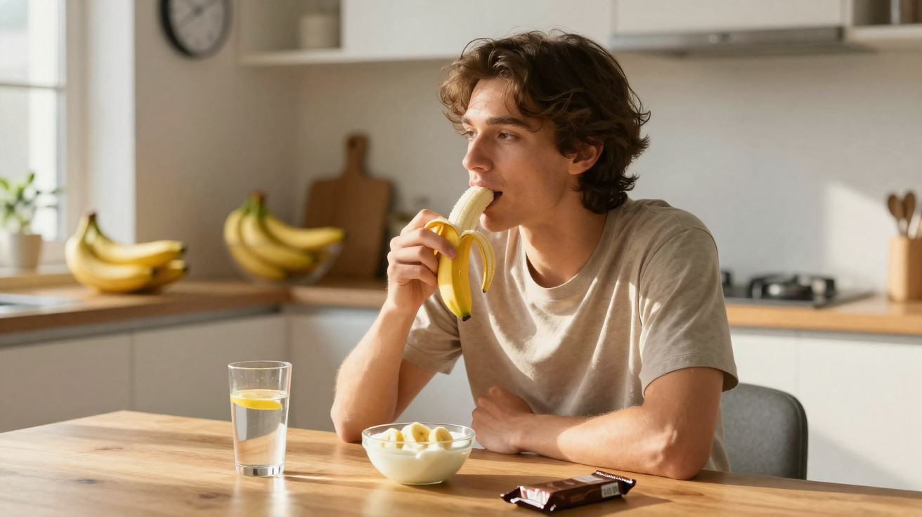 Homem jovem sentado numa cozinha a comer uma banana, com um prato de banana em pedaços e um copo de água com limão à frente.