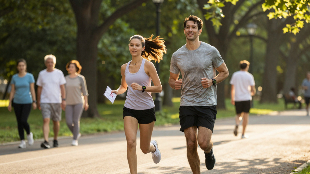 Casal jovem a correr num parque ensolarado, com pessoas a caminhar ao fundo.
