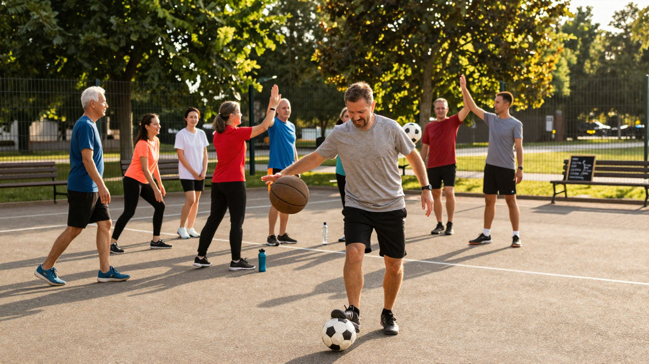 Grupo de adultos a praticar desporto coletivo num parque ao ar livre ao entardecer.