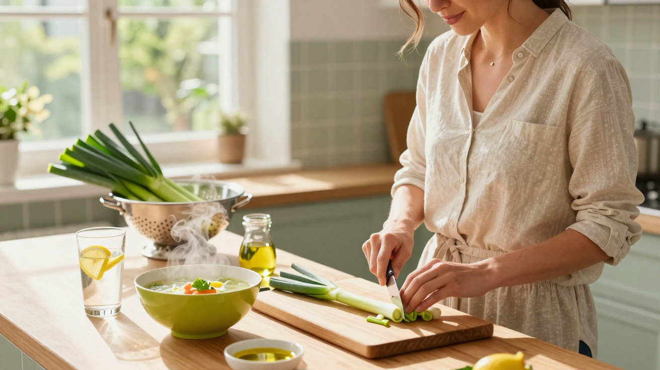 Mulher a cortar alho-francês numa tábua de cozinha, com sopa quente e limonada na bancada.
