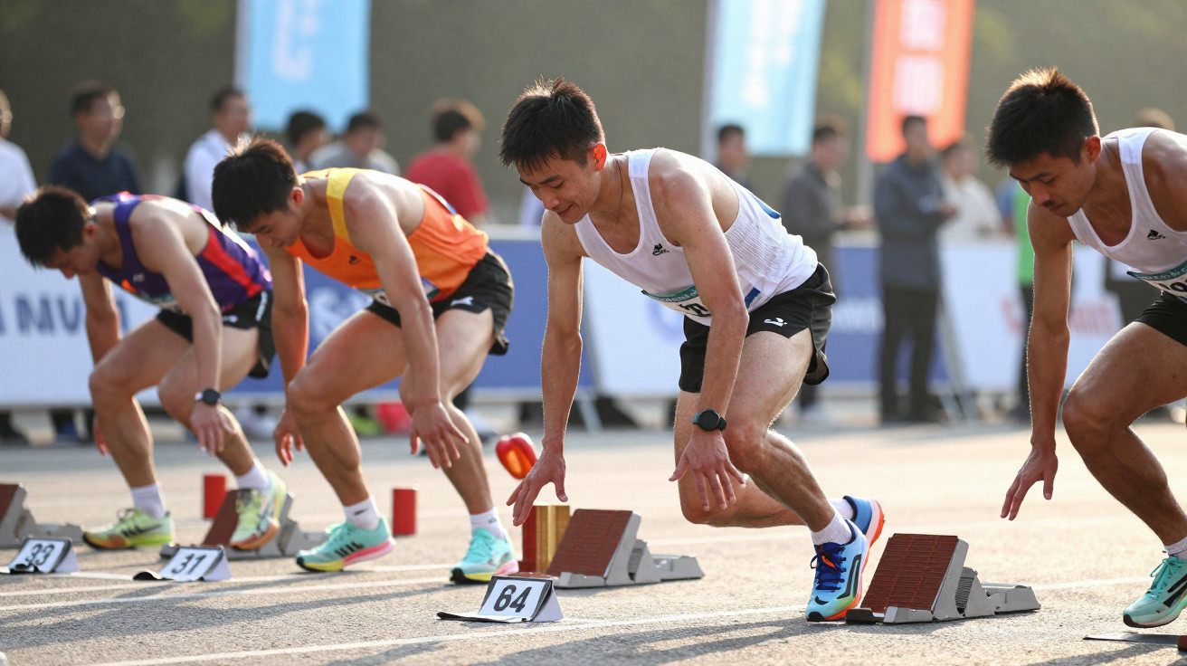 Atletas na posição de partida para corrida em pista ao ar livre, com público ao fundo.