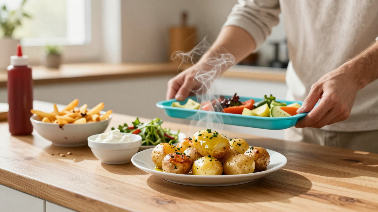Prato de batatas quentes com ervas numa mesa de cozinha com molhos e saladas ao lado.
