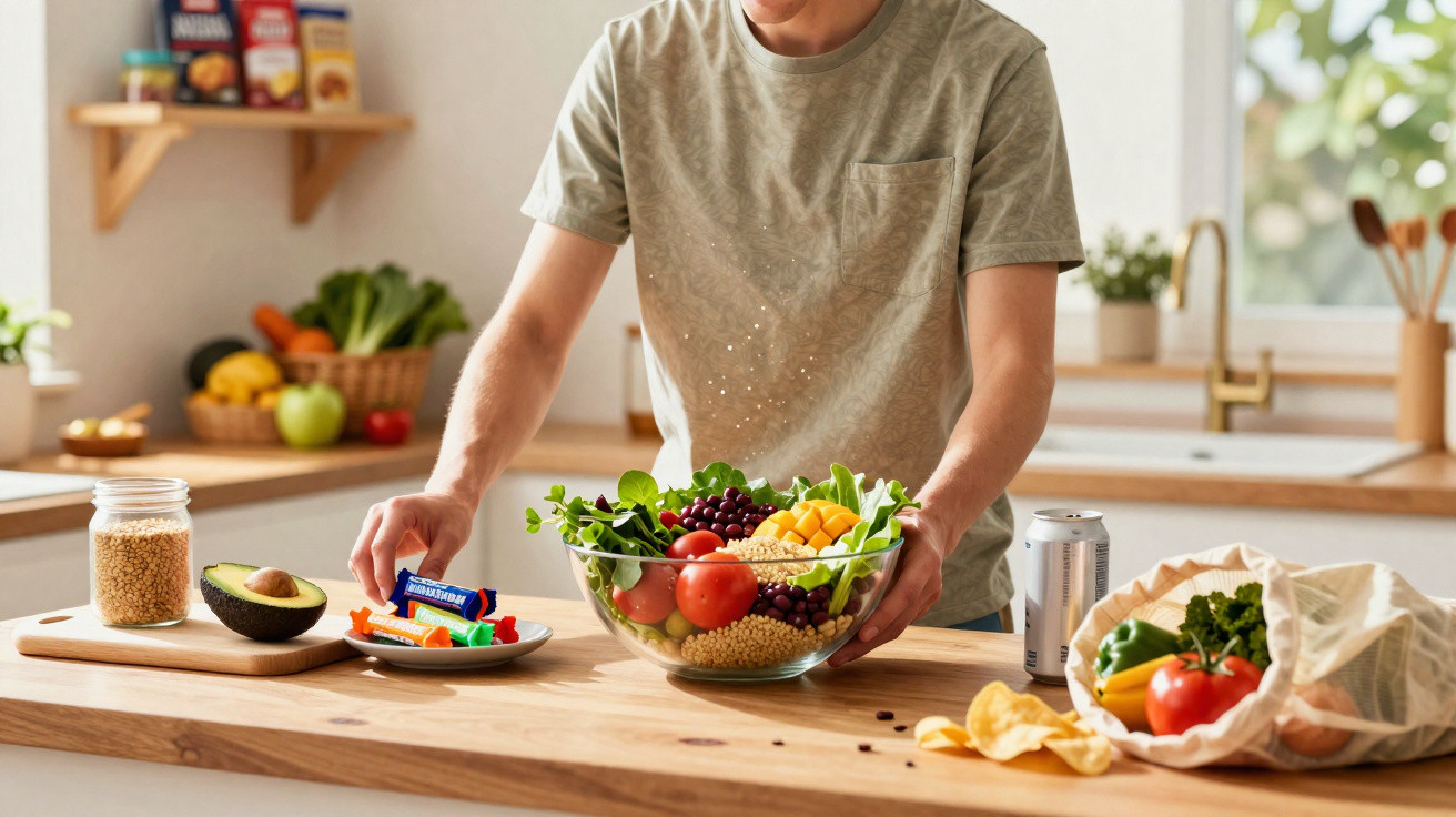 Pessoa a preparar uma salada colorida com legumes e frutas numa cozinha moderna e iluminada.