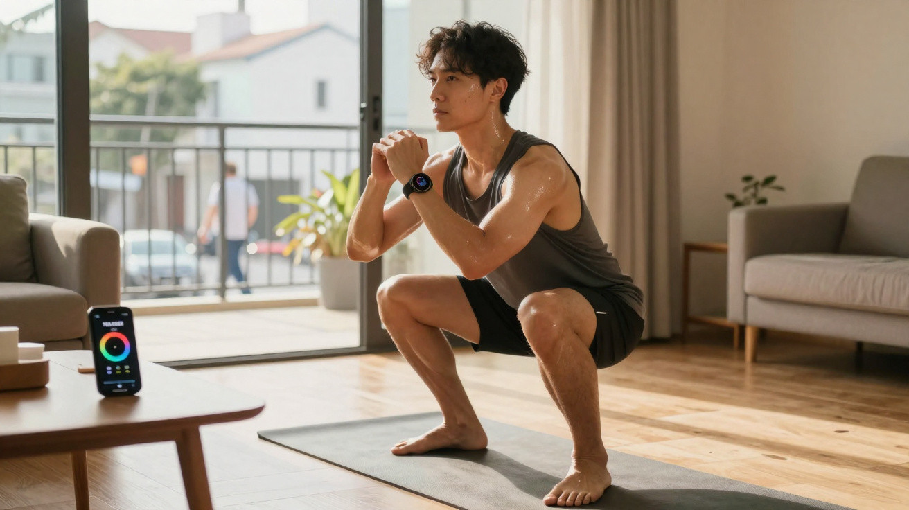 Homem a fazer agachamento em tapete de yoga numa sala iluminada com smartphone e smartwatch.