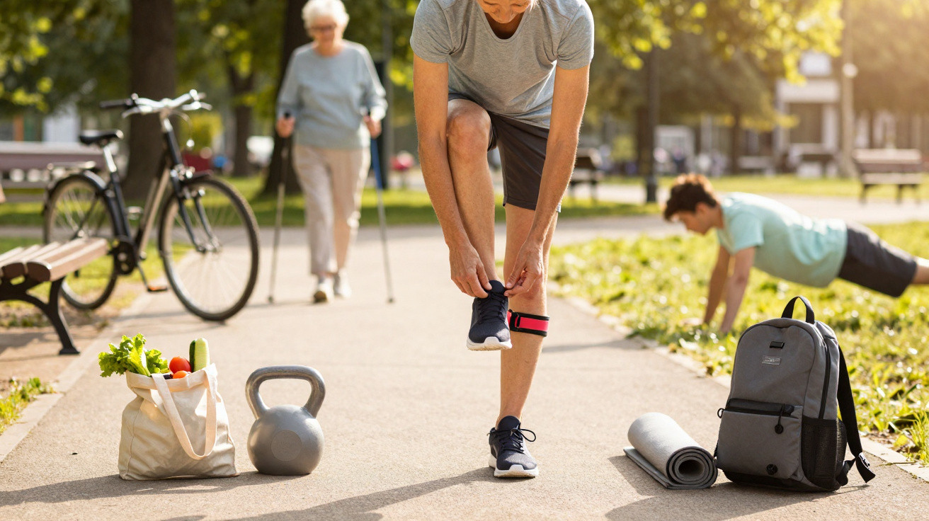 Pessoa a amarrar banda elástica no tornozelo para exercício num parque com equipamentos de treino e vegetais num saco.