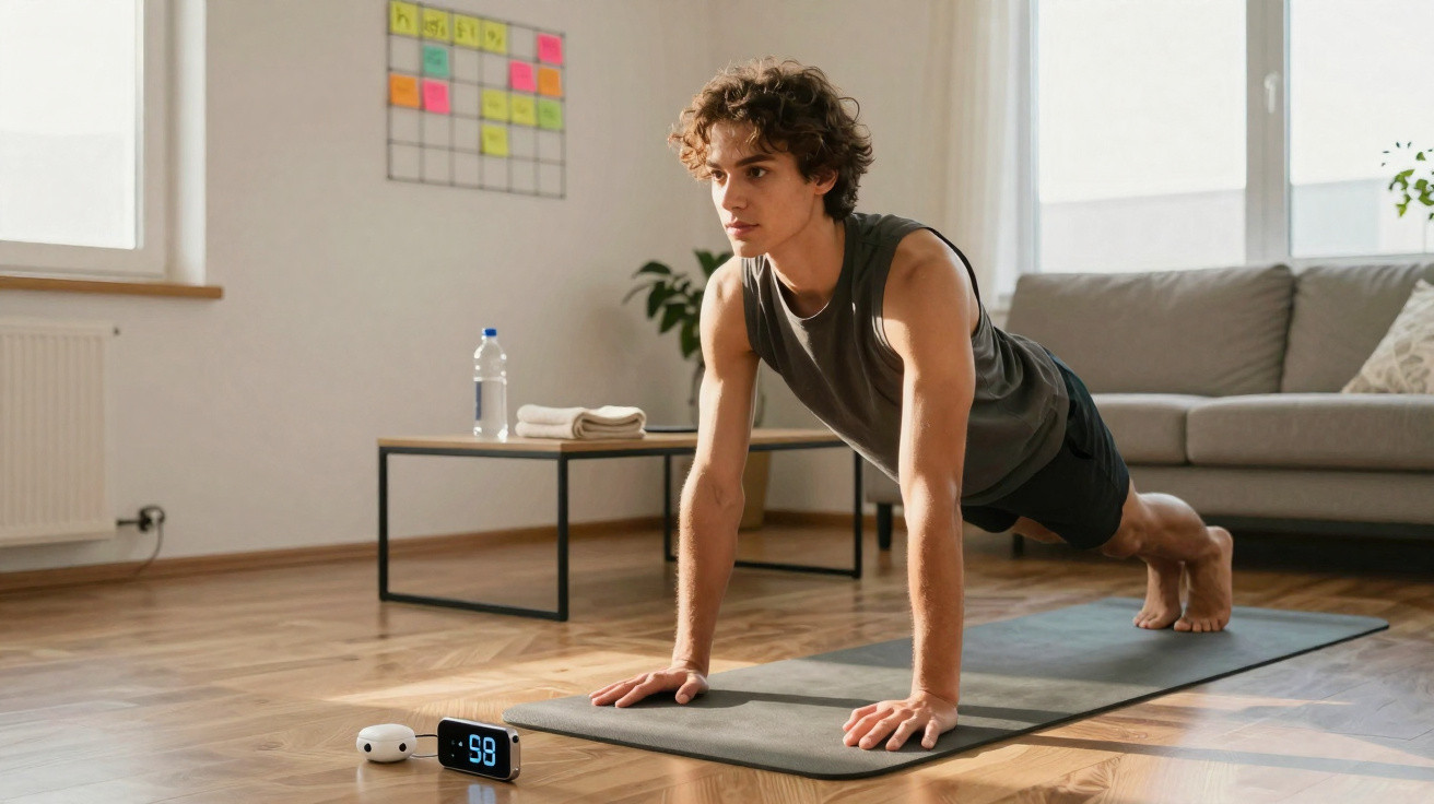 Jovem a fazer exercícios de prancha numa sala com tapete, relógio digital e garrafa de água numa mesa.