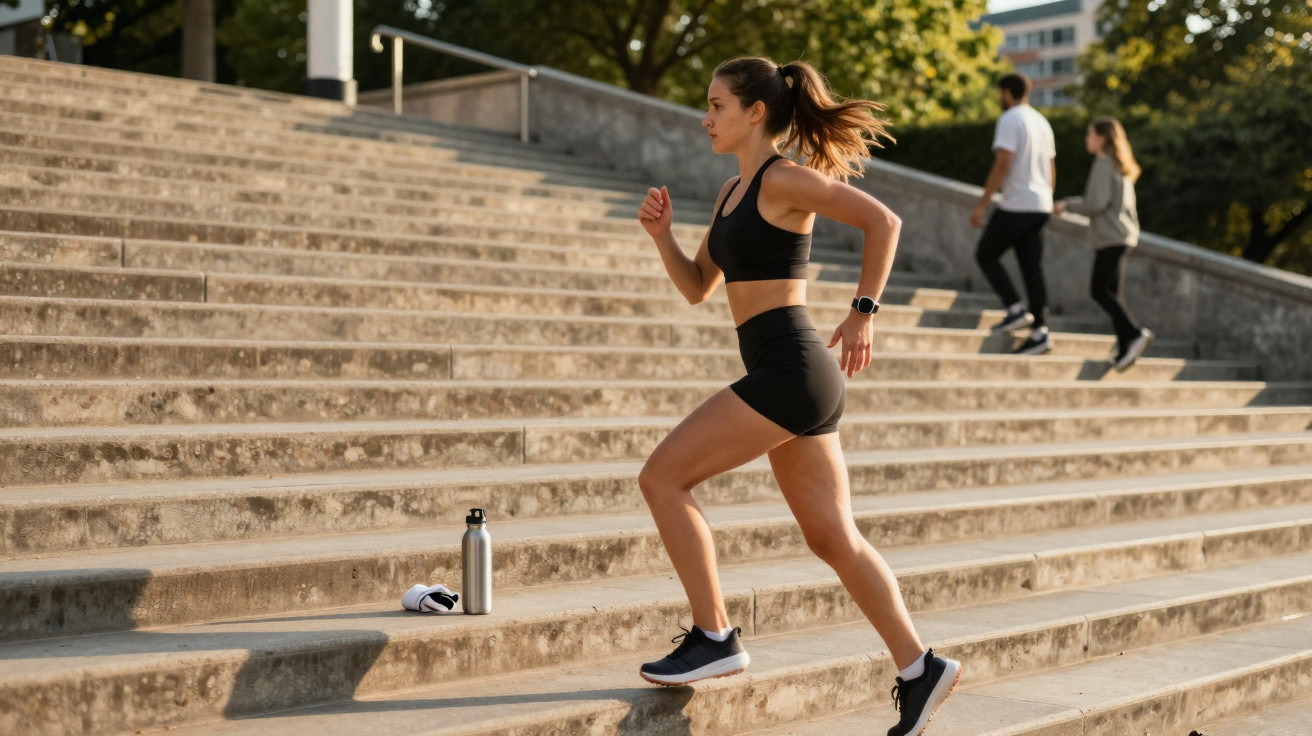 Mulher a correr a subir escadas exteriores, vestida com roupa de treino preta, numa manhã soalheira.