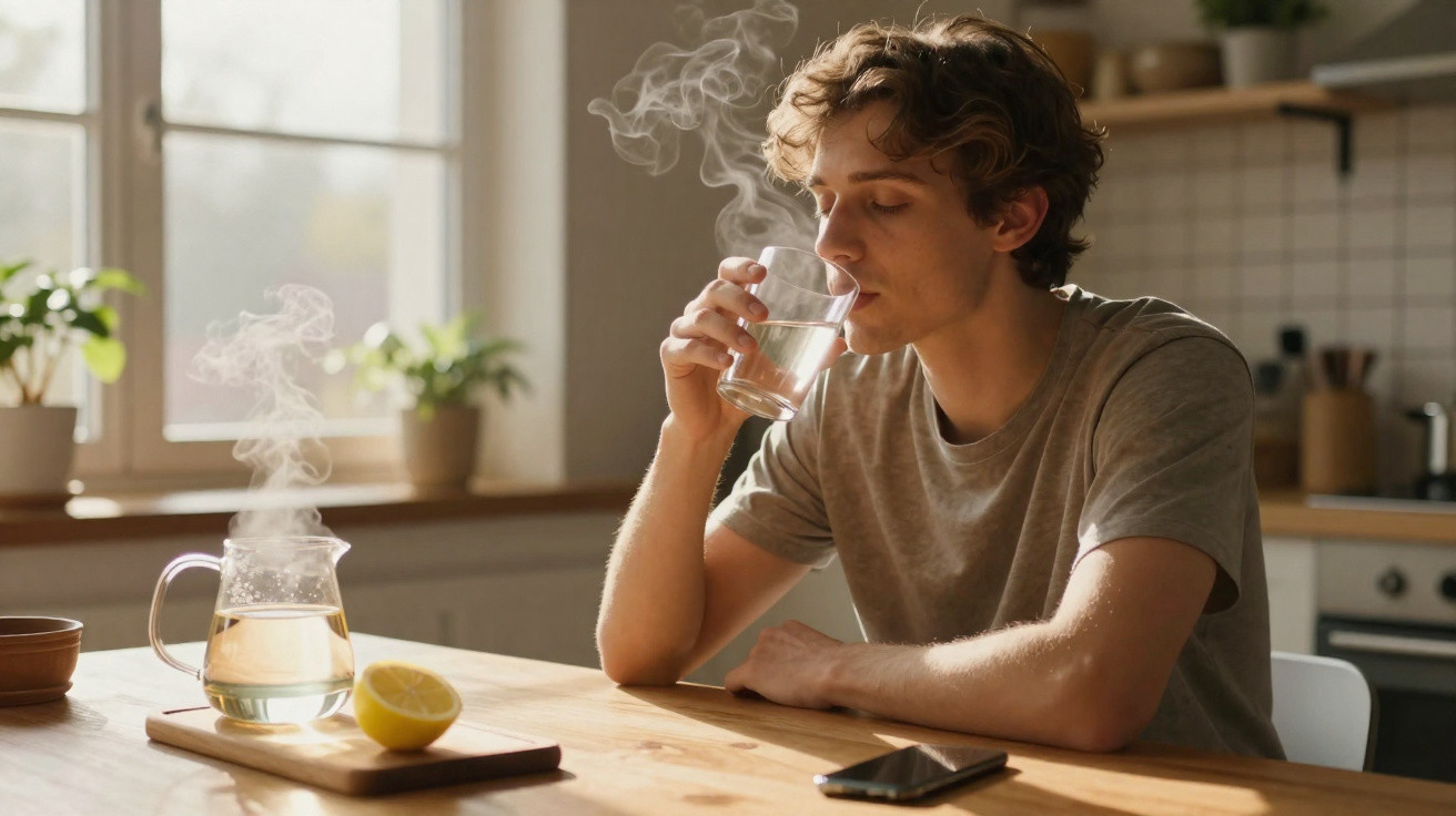 Homem a beber água quente numa cozinha iluminada a luz natural, com limão na mesa.