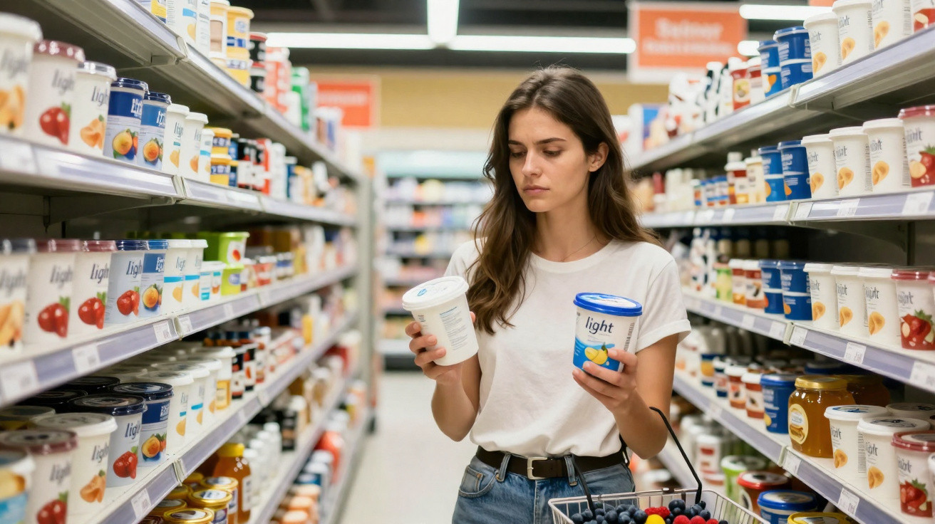 Mulher jovem escolhe entre dois iogurtes light num corredor de supermercado, com carrinho de compras.