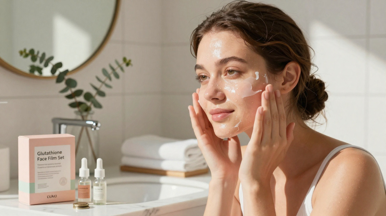 Mulher aplica creme facial numa casa de banho iluminada, com produtos de cuidados de pele no balcão.