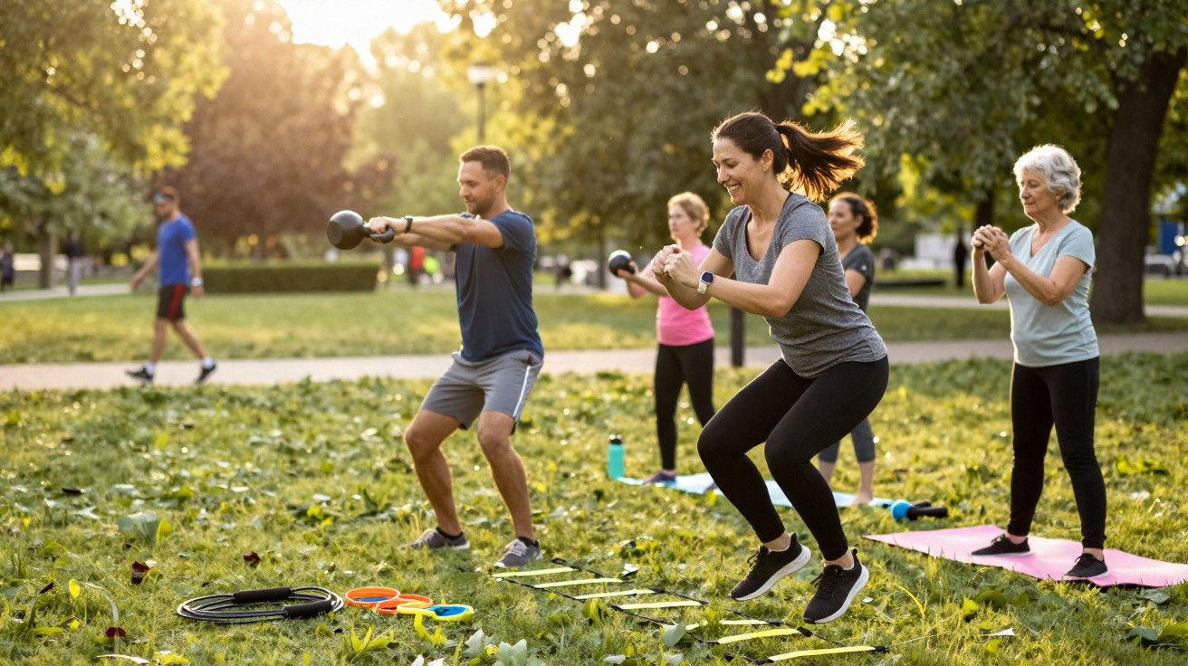 Grupo diverso a fazer exercício ao ar livre num parque com kettlebells e escada de agilidade.