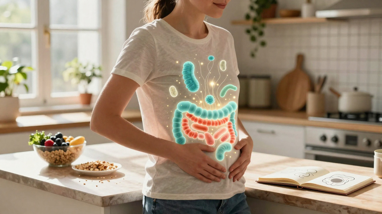 Mulher de pé na cozinha a tocar a barriga com ilustração digital do intestino sobreposta na sua t-shirt.