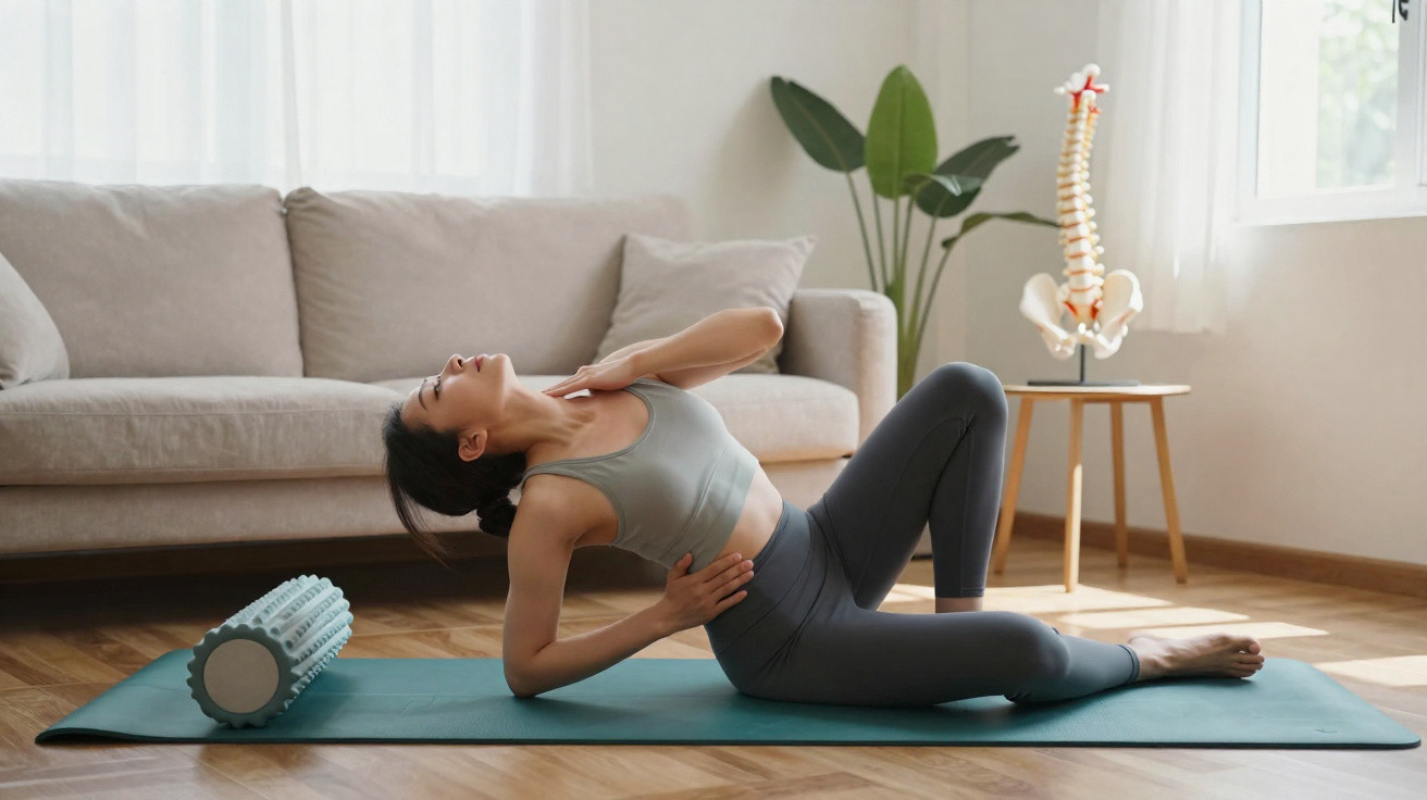 Mulher a fazer exercícios de alongamento nas costas numa sala com sofá e coluna vertebral de modelo.