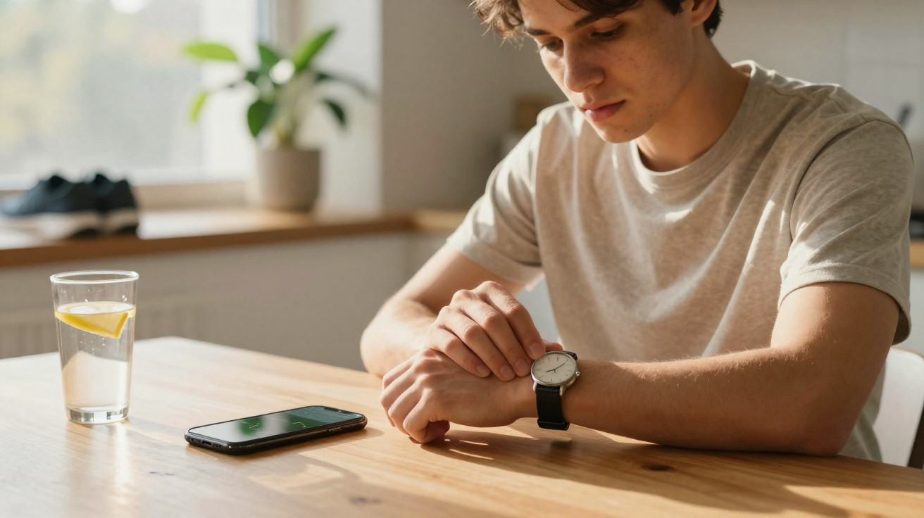 Homem jovem sentado à mesa, a olhar para o relógio de pulso, com telemóvel e copo de água na mesa.