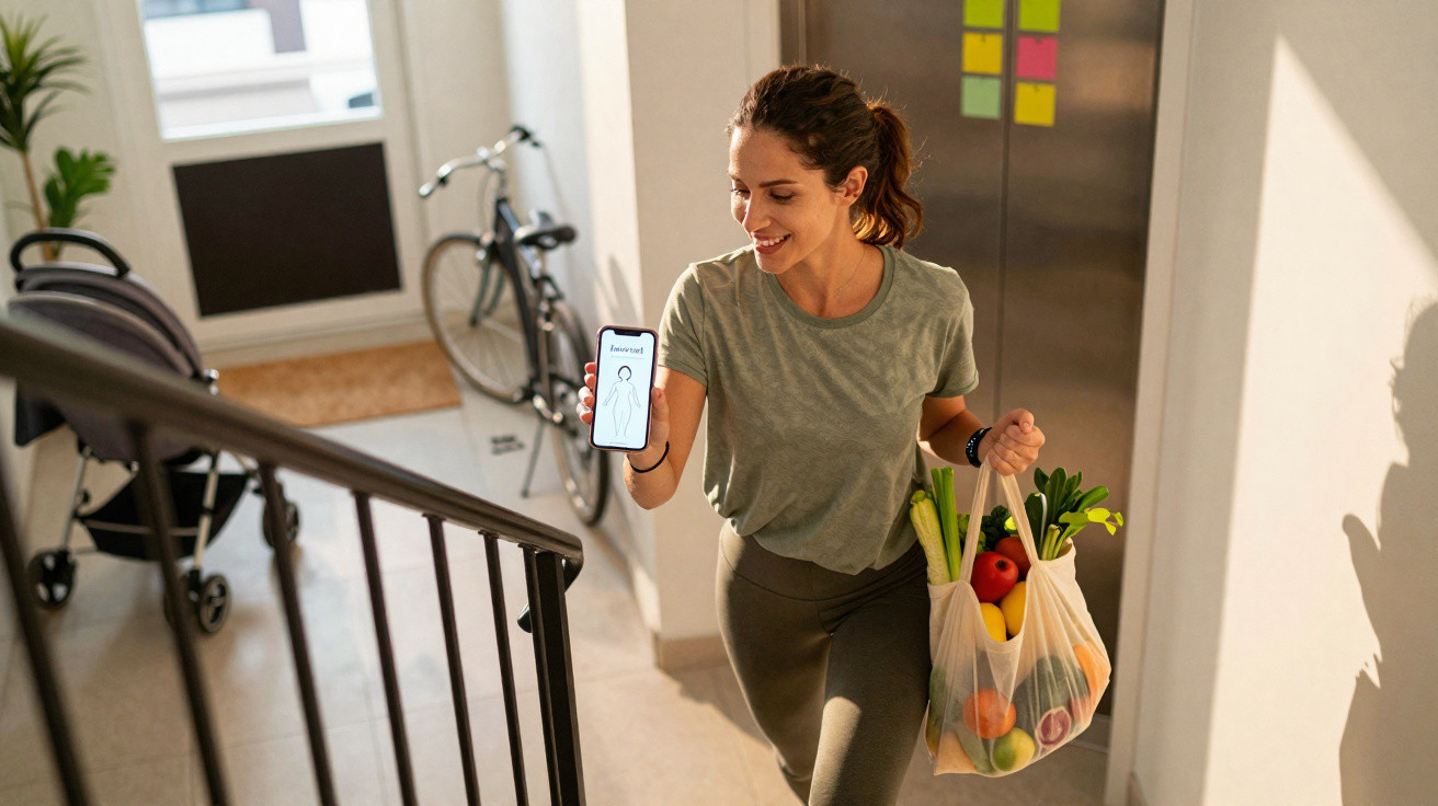 Mulher a subir escadas com saco de compras e a mostrar telemóvel com app de fitness.
