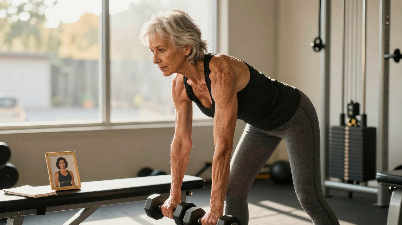 Mulher madura a fazer exercício com halteres numa academia, com foco e determinação.
