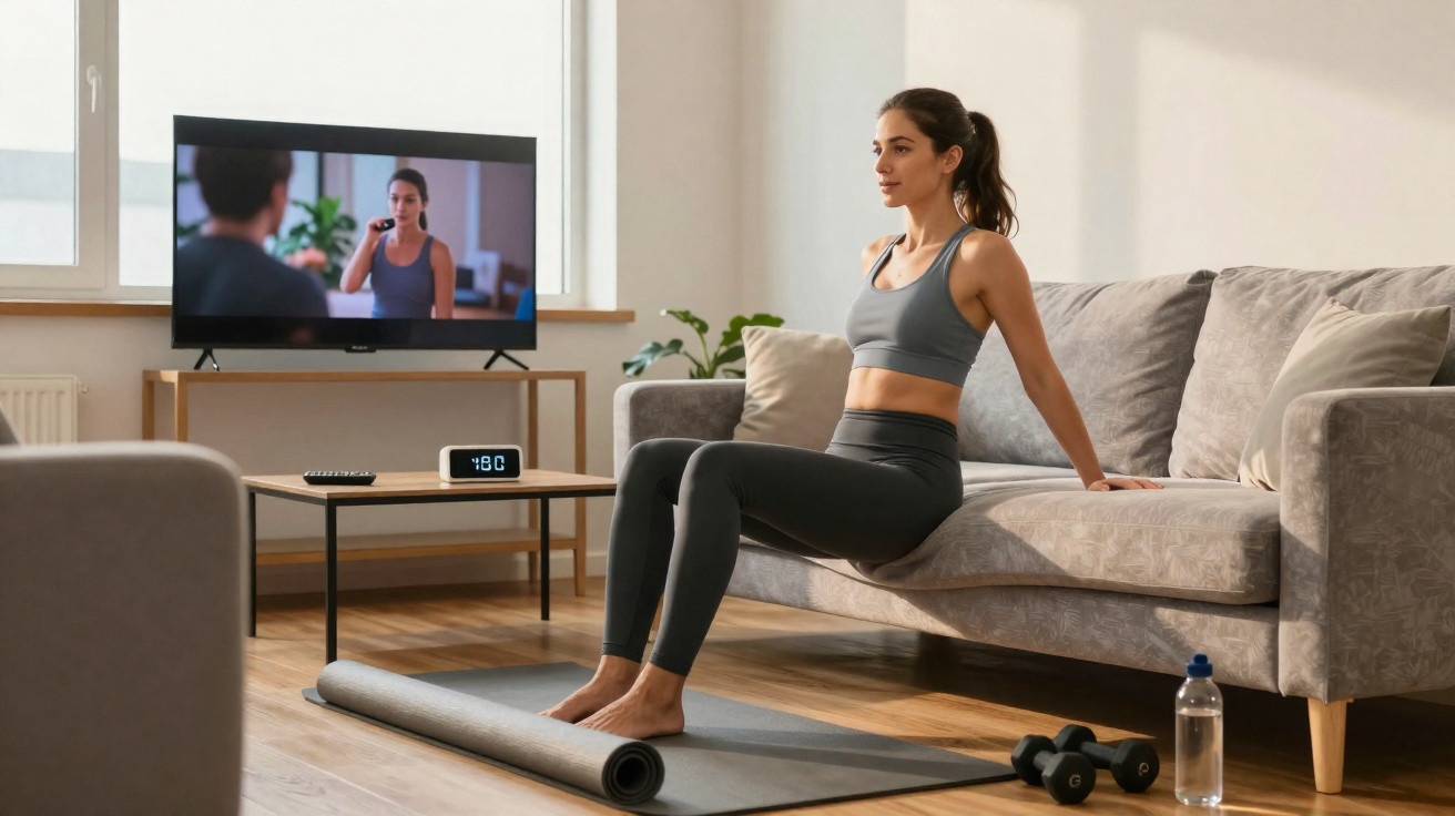Mulher sentada no tapete junto ao sofá a fazer exercício em casa com TV ligada ao fundo.