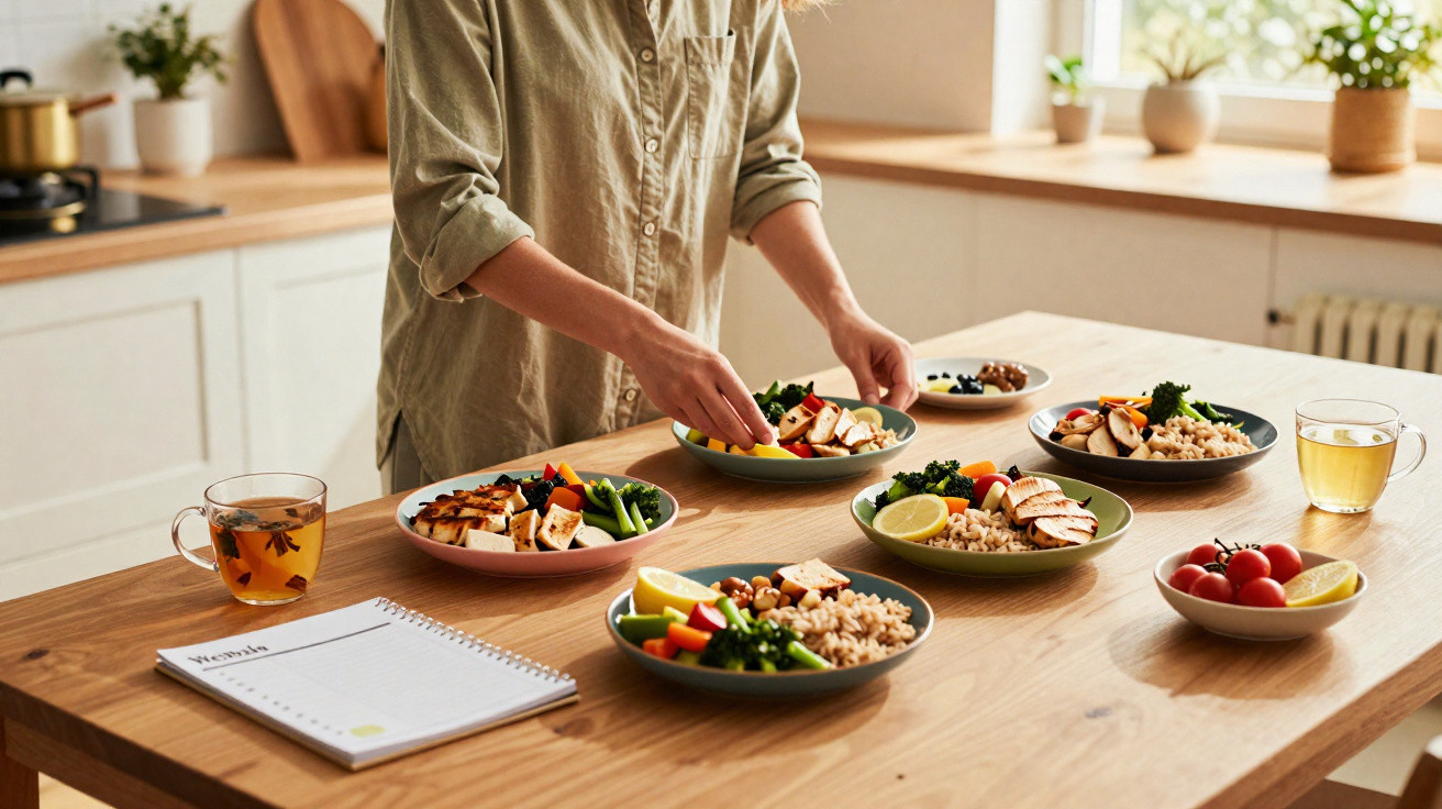 Pessoa a servir refeições saudáveis com arroz, legumes e chá numa cozinha iluminada e organizada.