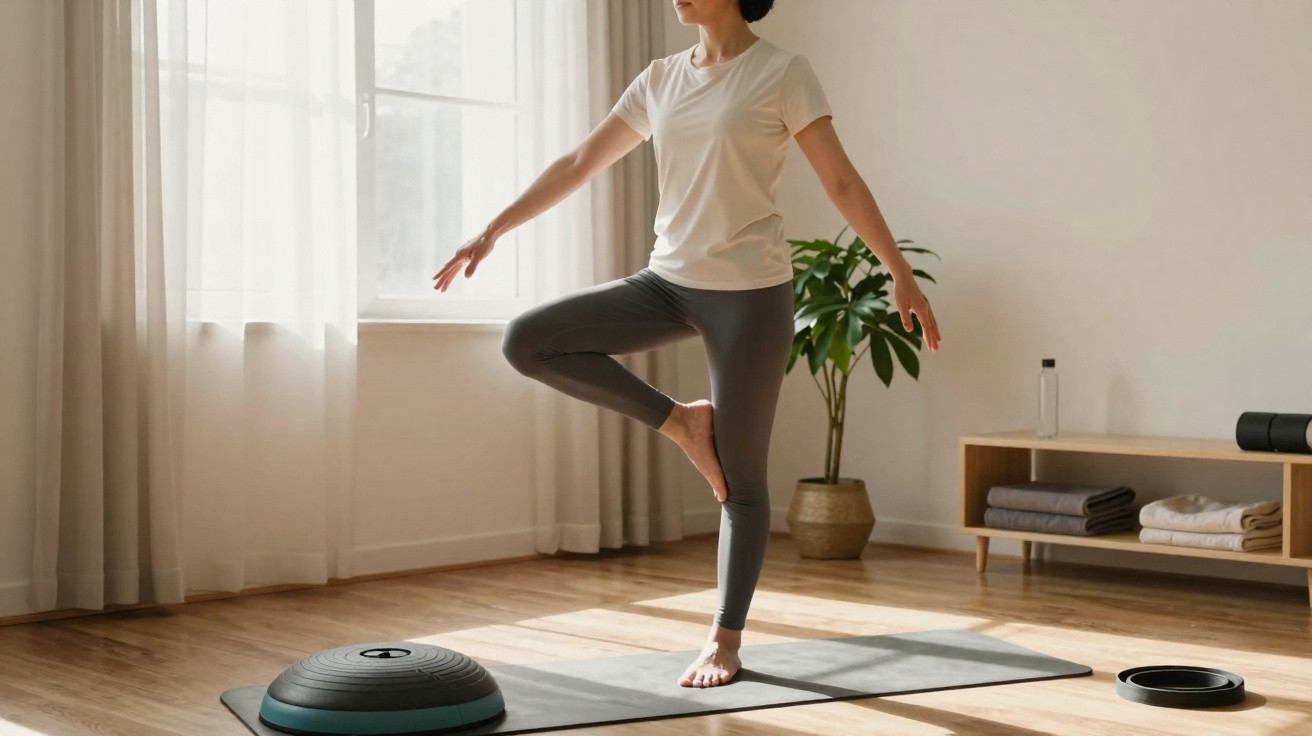 Mulher a fazer exercício de equilíbrio numa perna numa sala luminosa com tapete e plantas.
