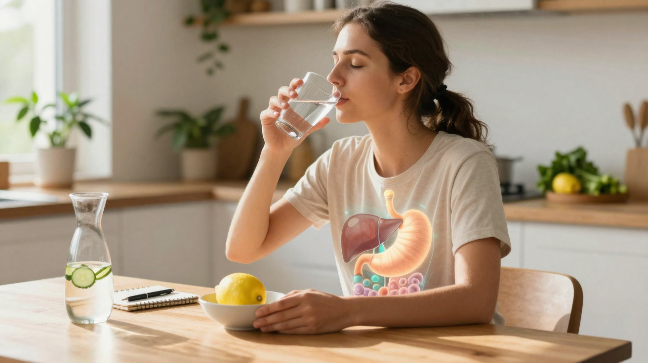 Mulher a beber água com ilustração do sistema digestivo na t-shirt, sentada à mesa na cozinha.