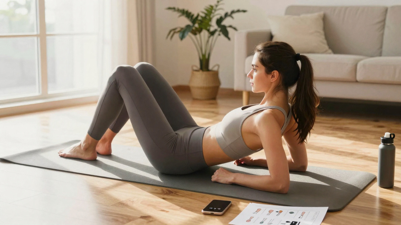 Mulher a fazer exercício em tapete no chão de madeira, com planta, sofá e garrafa ao fundo.