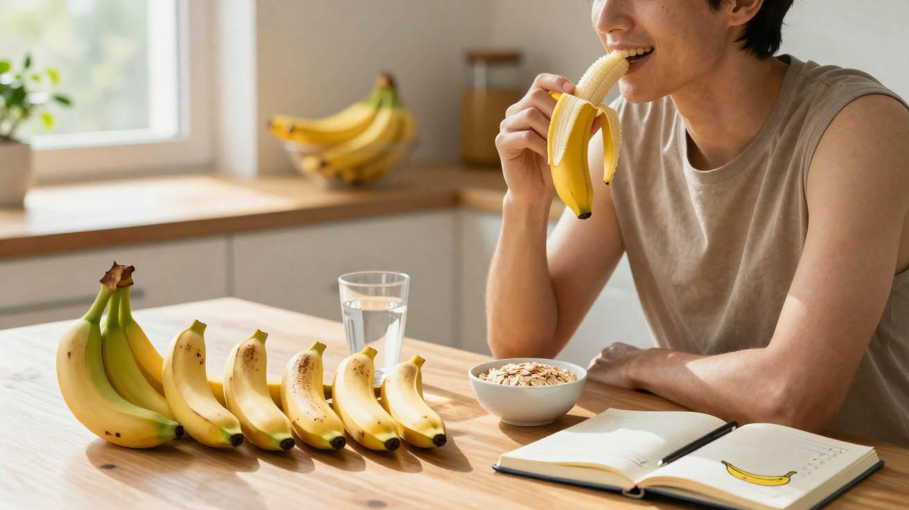 Pessoa a comer uma banana, com várias bananas, um copo de água e um caderno numa mesa de madeira.